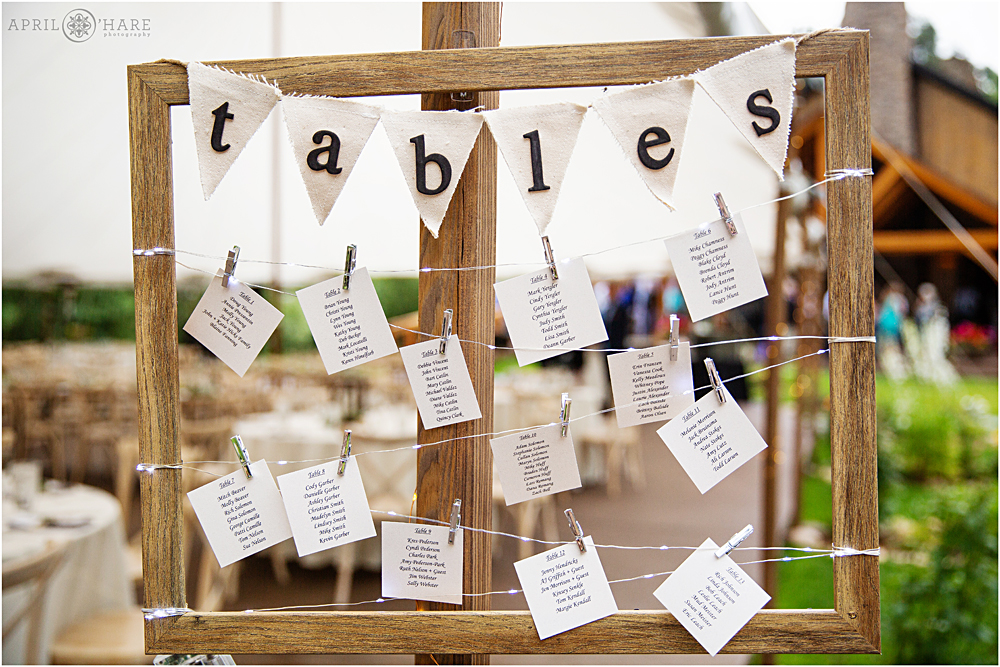 Cute rustic table seating chart with bunting