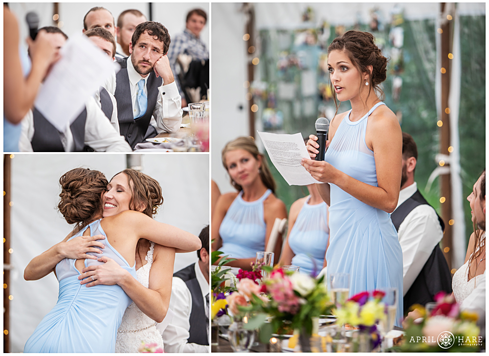 Maid of honor gives speech at Blackstone Rivers Ranch in CO