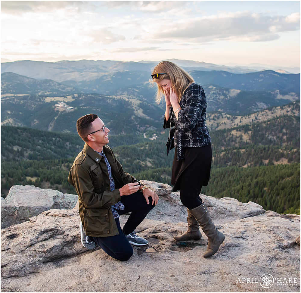 Sweet moment as a surprise proposal happens at Lost Gulch Overlook in Boulder CO