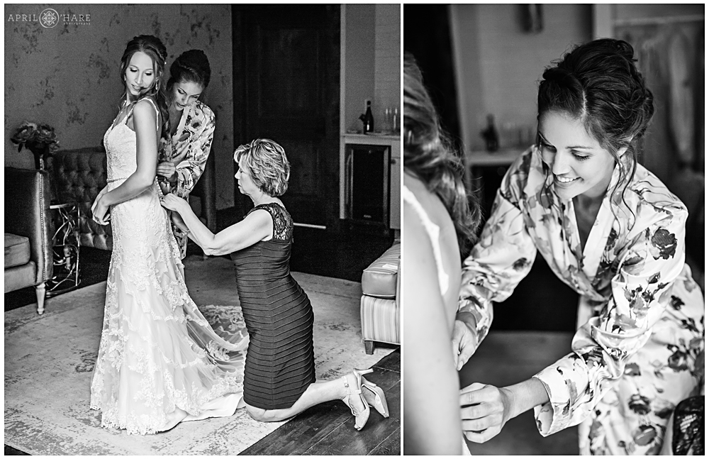 Bridal preparation photos putting dress on at a Colorado mountain wedding