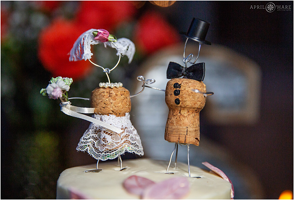 wine cork wedding cake toppers at an intimate wedding in Colorado