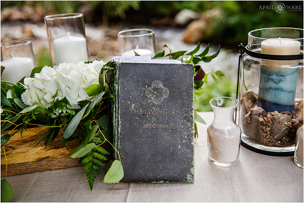 Worn family bible detail picture from an outdoor wedding at Blackstone Rivers Ranch