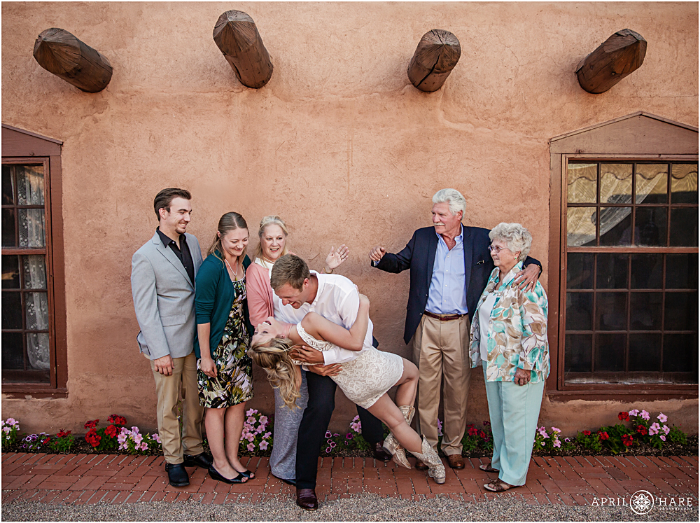 Candid family formal portraits at an intimate wedding at The Fort in Colorado