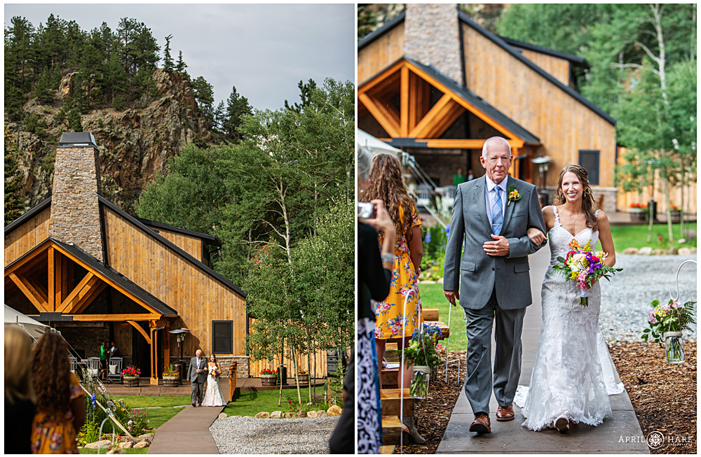 Bride walks down the aisle with her father at Blackstone Rivers Ranch