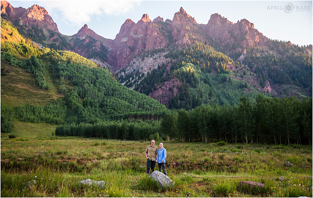 Couple recently engaged gets photos at Maroon Bells in Aspen