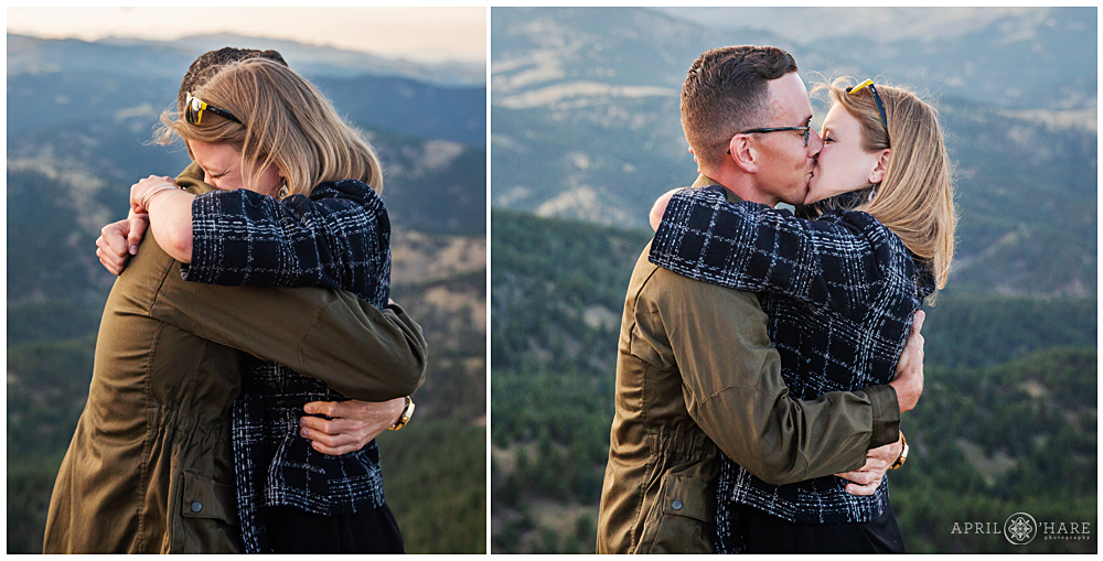 Happy moment for a couple who just got engaged at a Surprise Proposal at Lost Gulch Overlook