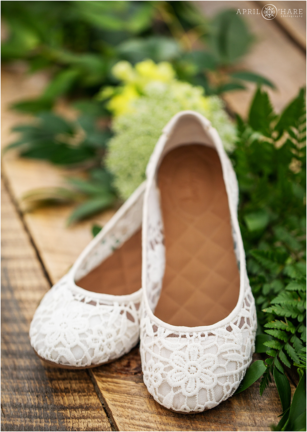 Flat lace wedding shoes detail photo at Blackstone Rivers Ranch