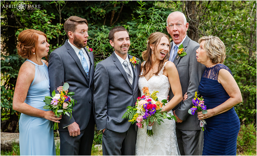 Hilarious moment of a family together on a wedding day at Blackstone Rivers Ranch in Colorado