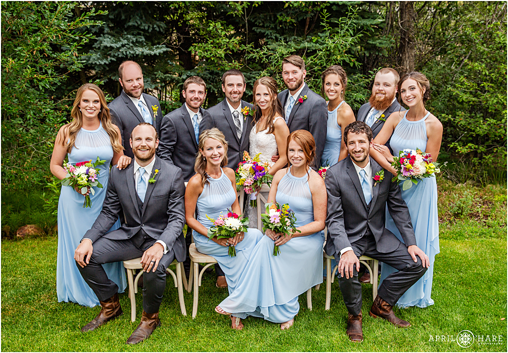 Classic portrait of a large wedding party at Blackstone Rivers Ranch in CO