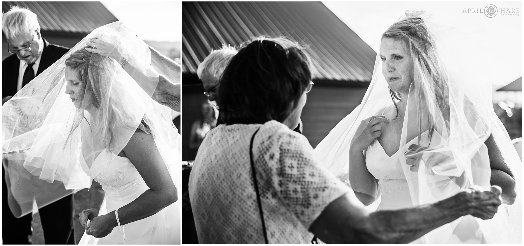 B&W Photo of bride getting help from mom with Veil at Snow Mountain Ranch