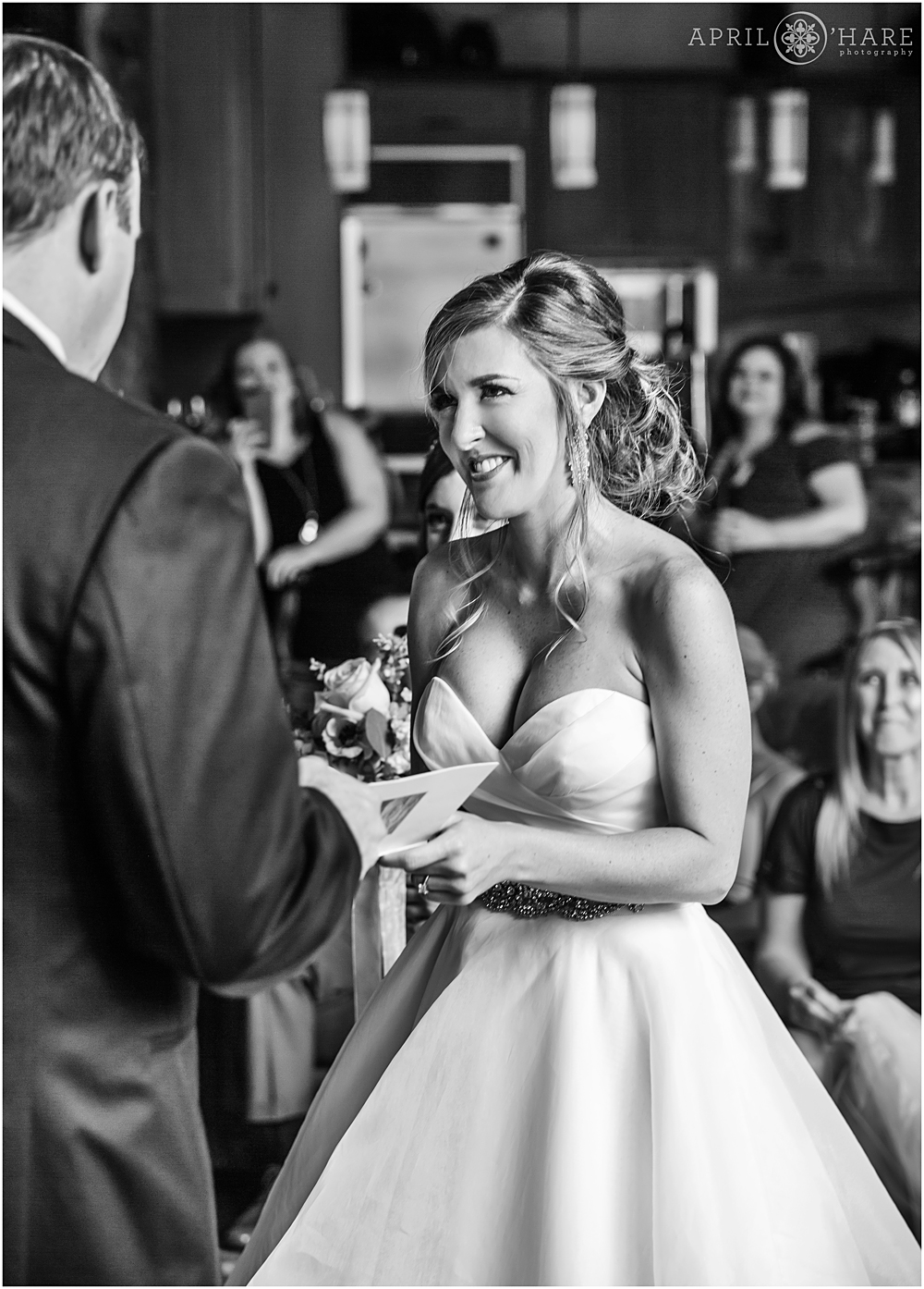 B&W wedding photography of intimate wedding vows in CO
