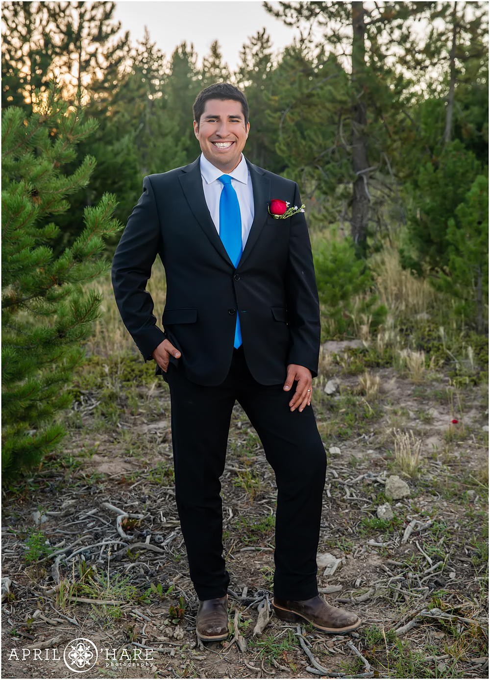 Groom portrait in the woods at Snow Mountain Ranch in Granby