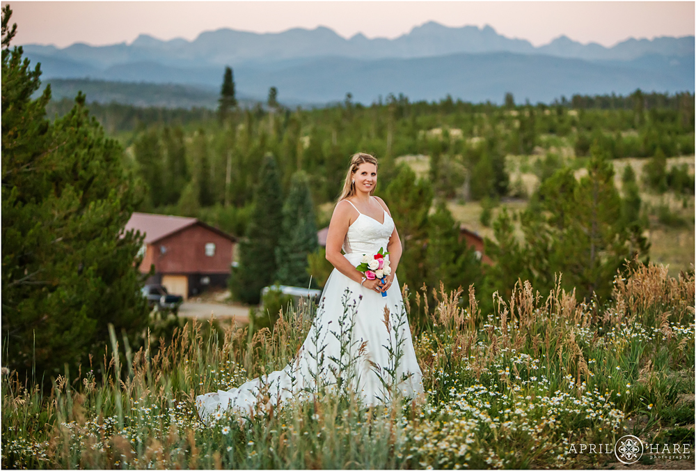 Full length bridal portrait with beautiful mountain backdrop Snow Mountain Ranch