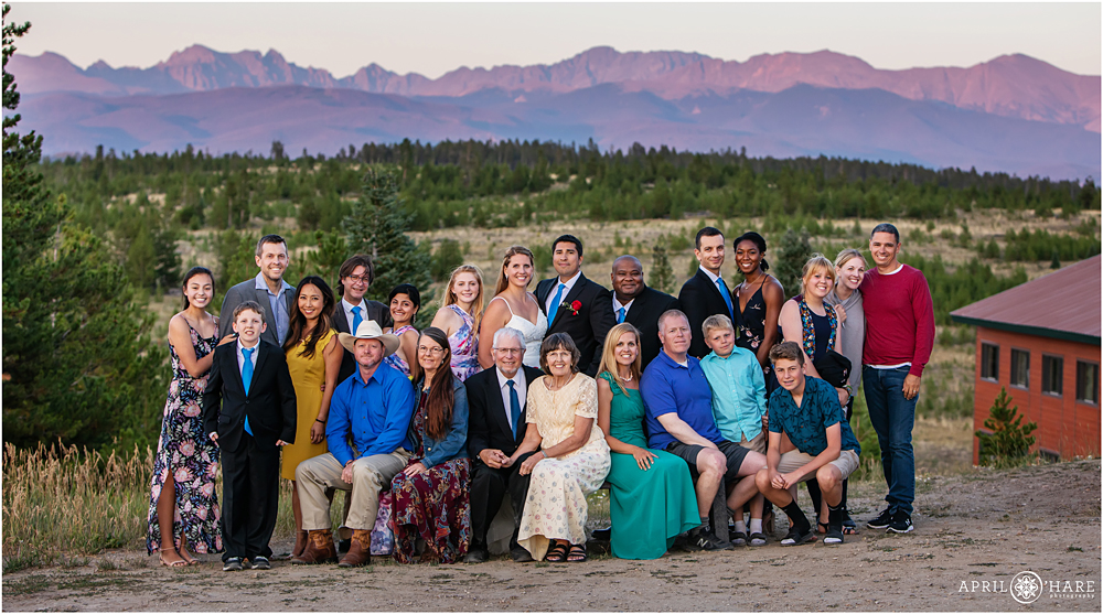 Beautiful ful full wedding portrait with purple mountain backdrop at Snow Mountain Ranch