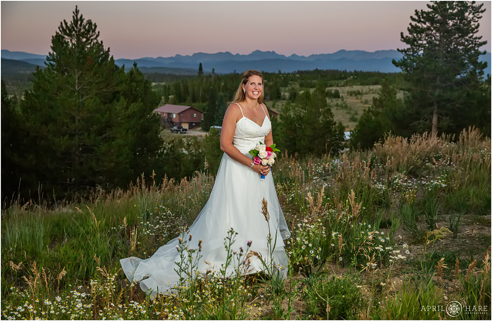 Stunning bride portrait in the wildflowers at Snow Mountain Ranch