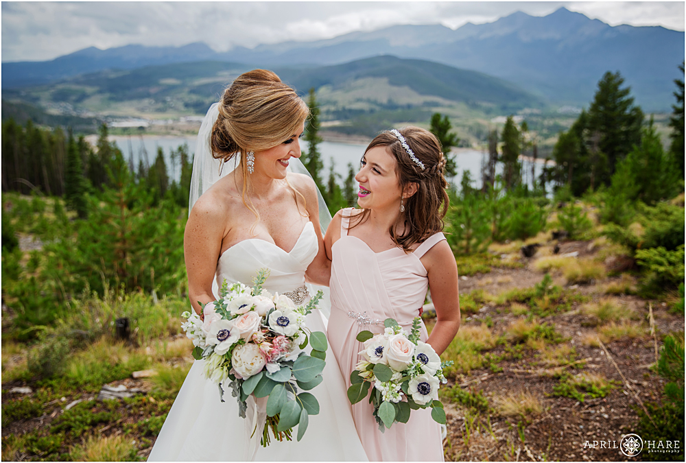 Bride with her daughter on her Breckenridge Colorado wedding day at Sapphire Point