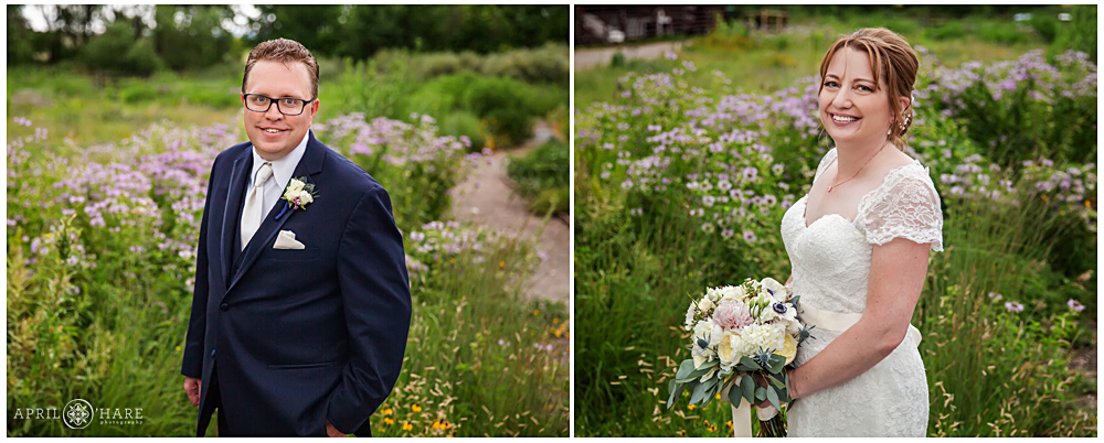 Individual portraits of bride and groom in the garden at Chatfield Farms