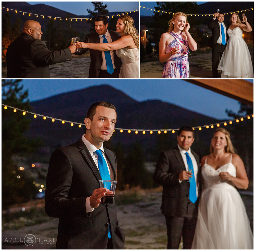 Collage of wedding toasts at outdoor pavilion Snow Mountain Ranch