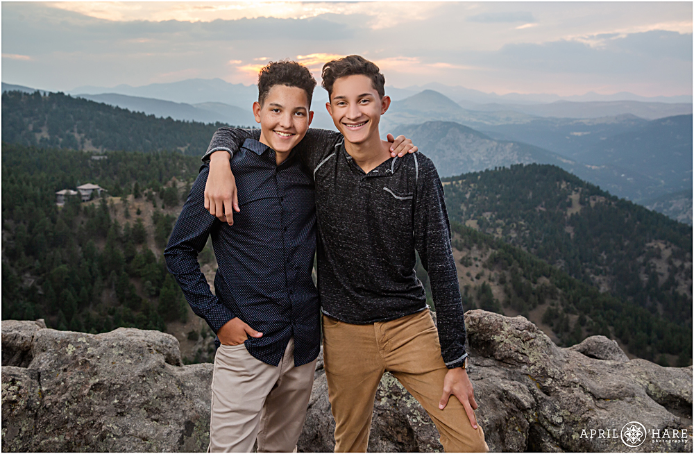 Brothers pose for a casual photo together during senior pictures at Lost Gulch Overlook in Boulder