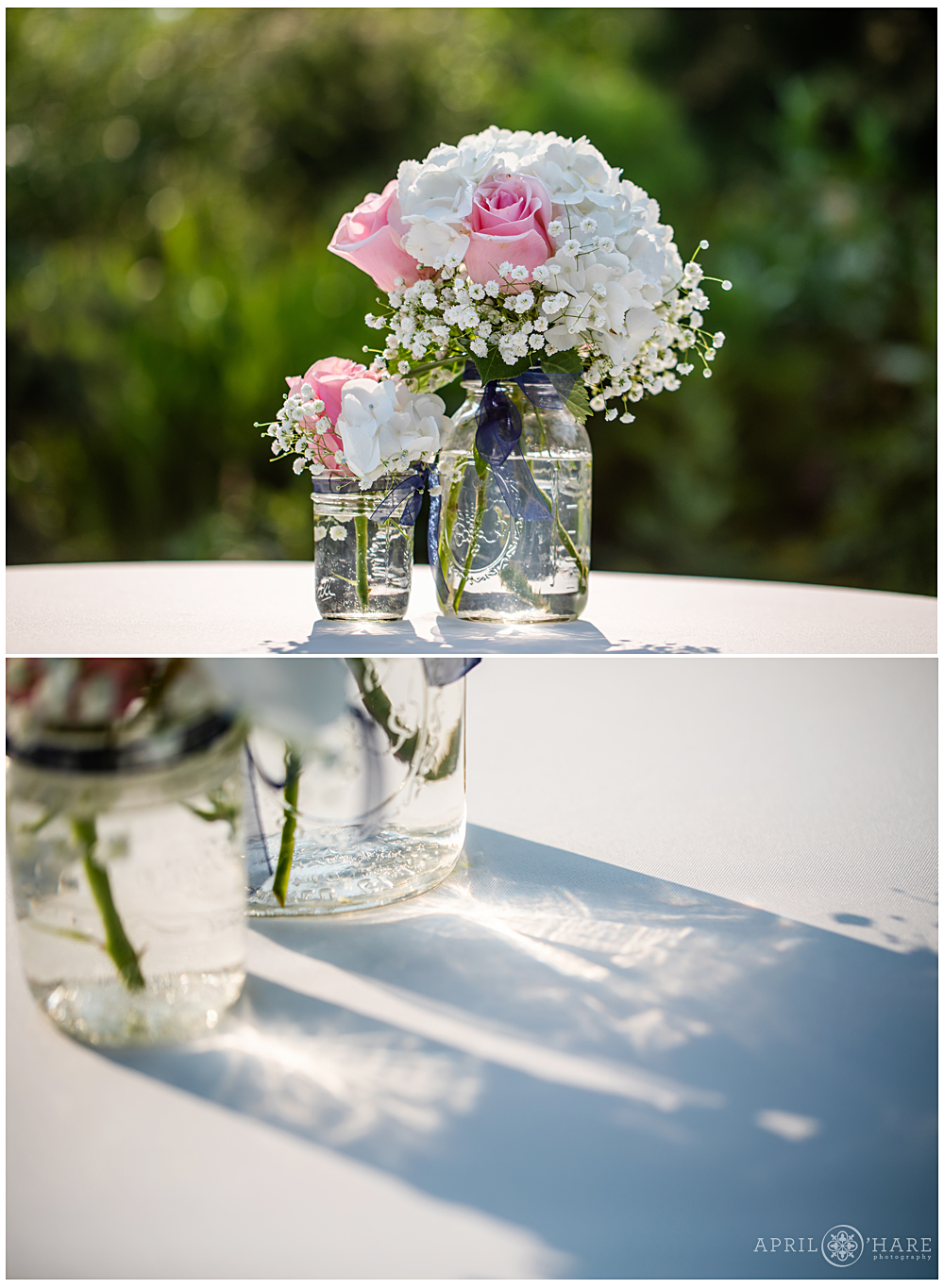 Detail photos of the pink roses in the centerpieces at Chatfield Farms