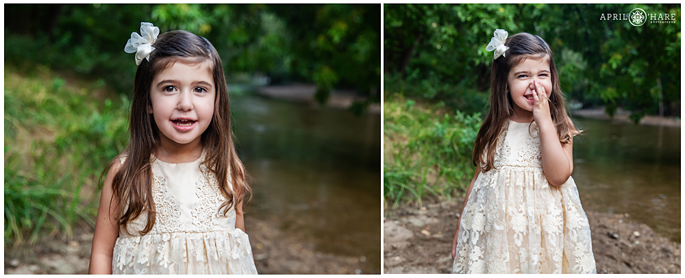 Cute brunette little girl at family photo session at Cherry Creek Trail in Denver