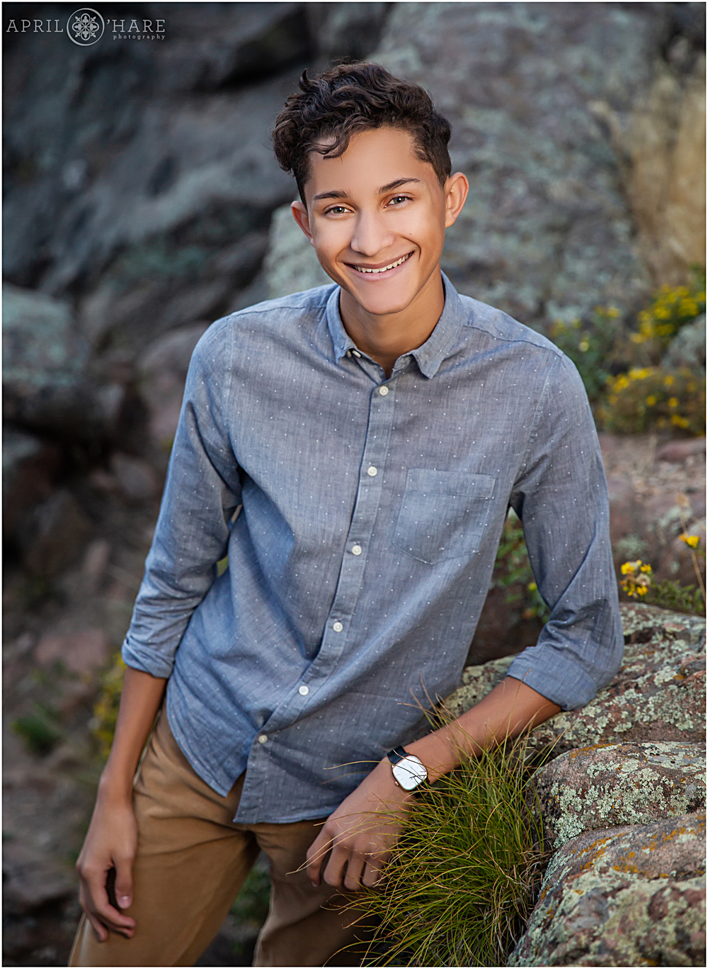 Classic Portrait of a high school senior boy at Lost Gulch Overlook in Boulder