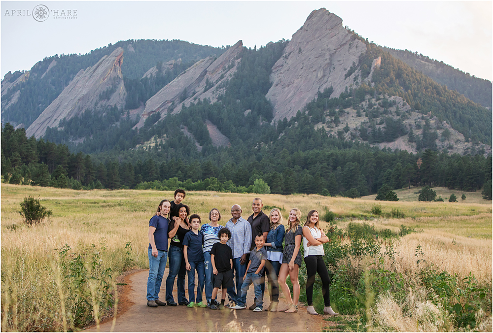 Extended family photography on the trail at Flatirons Trail head at Chautauqua Park in Boulder Colorado