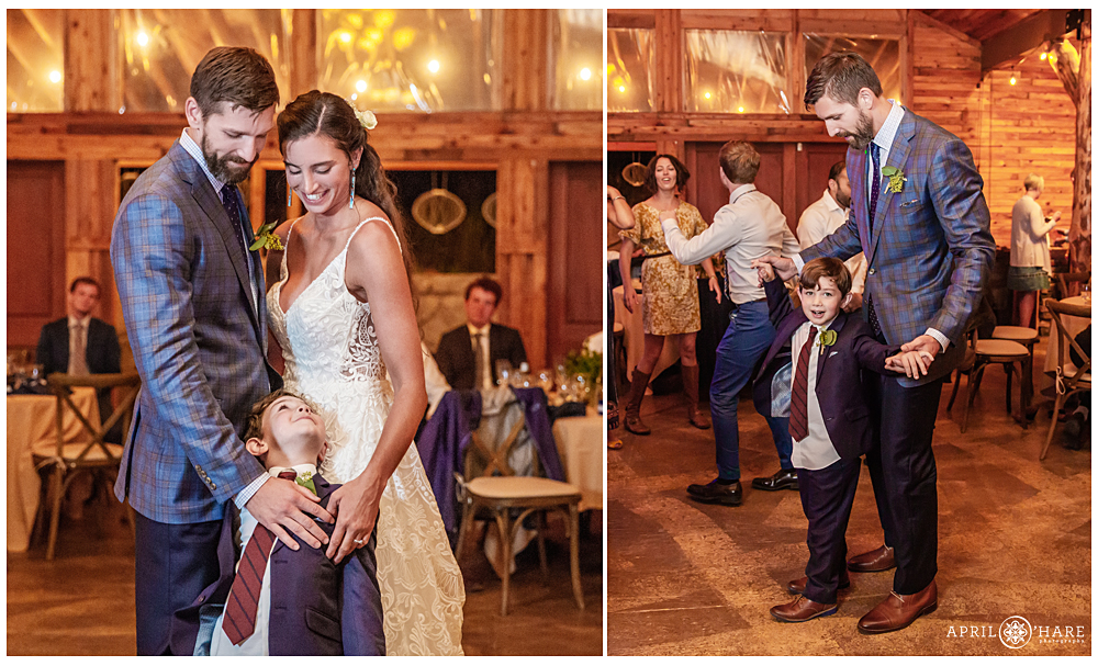 Family dances together at their rustic Colorado wedding reception
