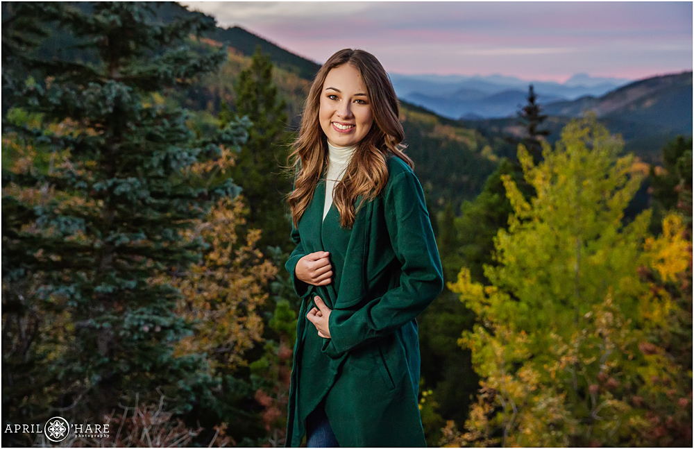 Beautiful Fall color high school senior photos with mountain backdrop