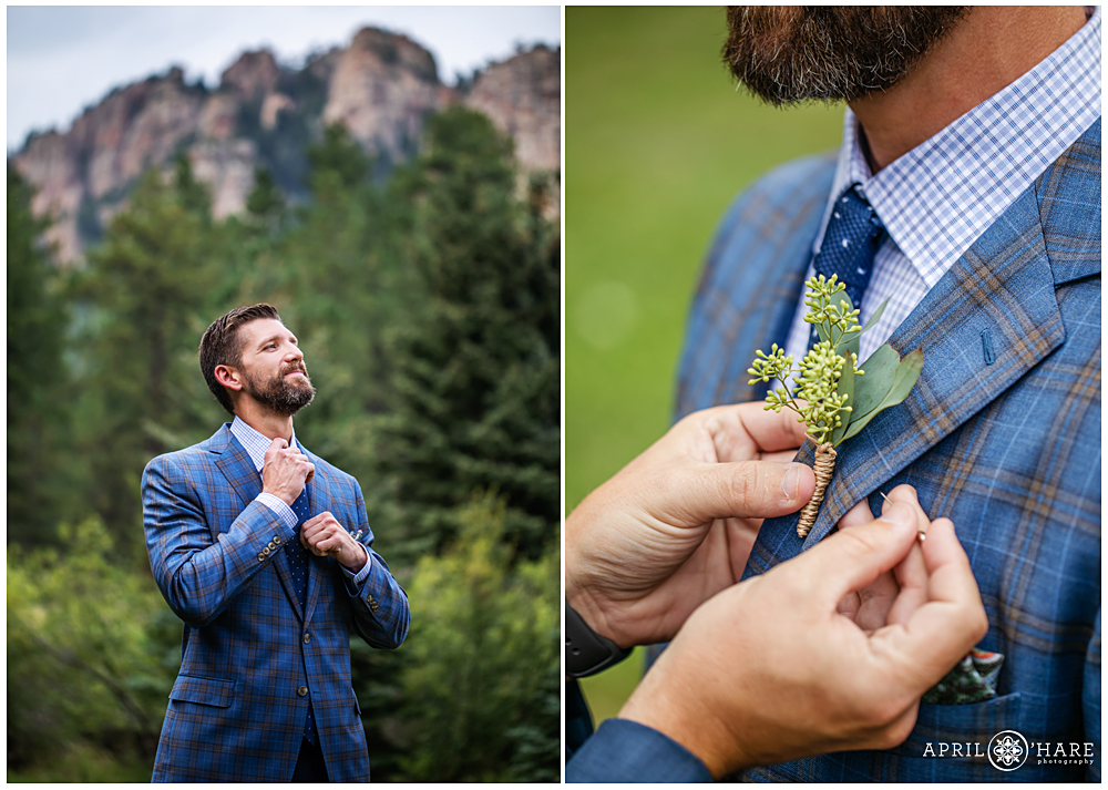 Groom preps for his wedding day at Wedgewood Weddings Mountain View Ranch in CO