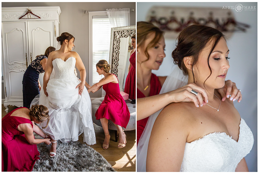 Photo collage of a bride getting dressed on her wedding day