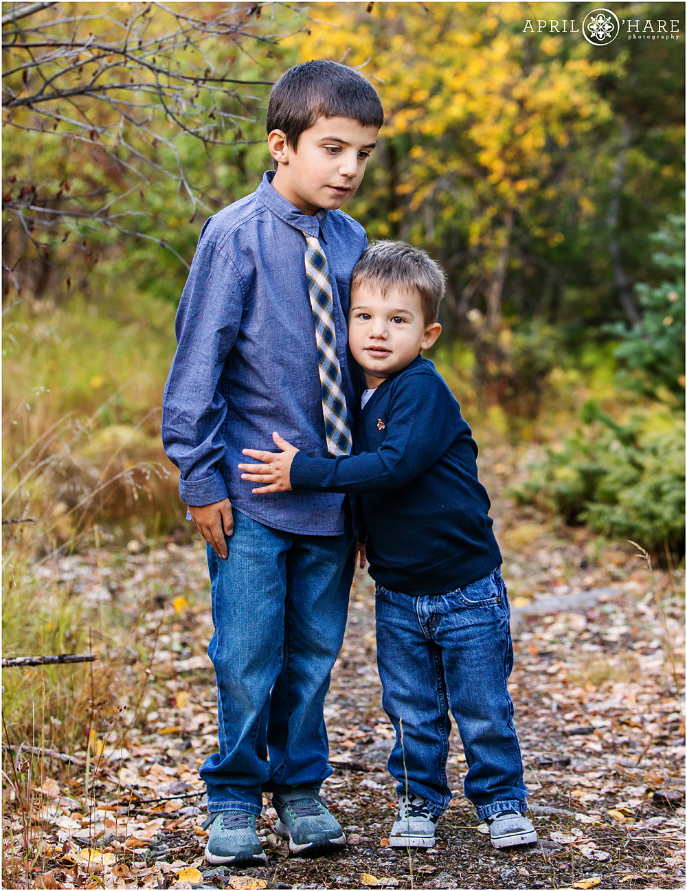 Brothers embrace in the fall color in Colorado