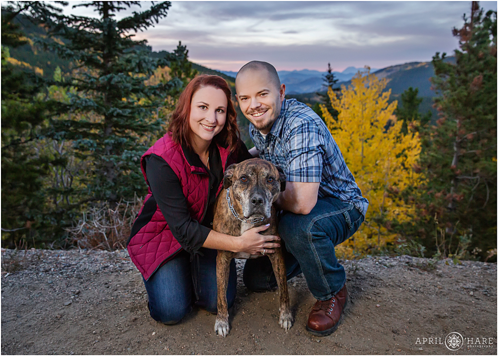 Pretty Colorado Mountain Fall Color Couples Session with Doggie in Evergreen
