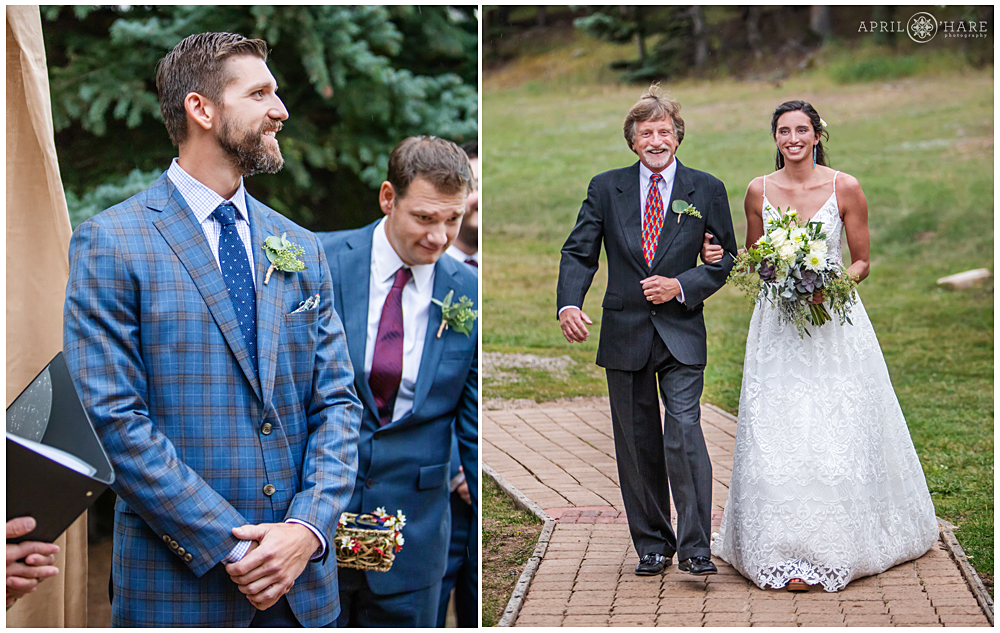 Groom looks at his bride as she walks down the aisle with her dad