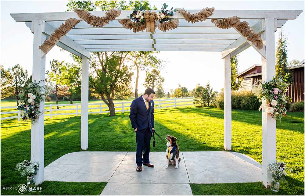 Groom with is furry best friend on his wedding day in CO