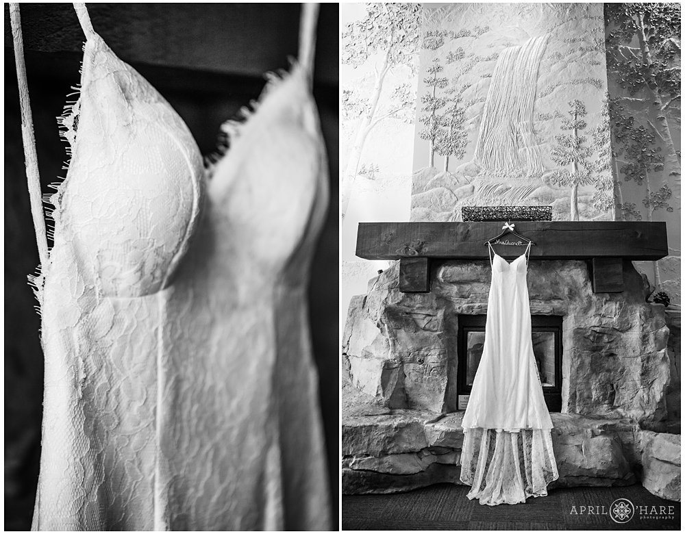 Lace wedding gown hangs in Keystone Colorado