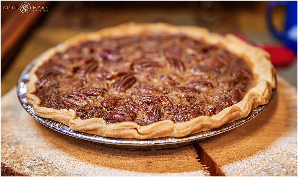 Detail photo of a pecan pie from a Colorado mountain wedding at Wedgewood Weddings Mountain View Ranch