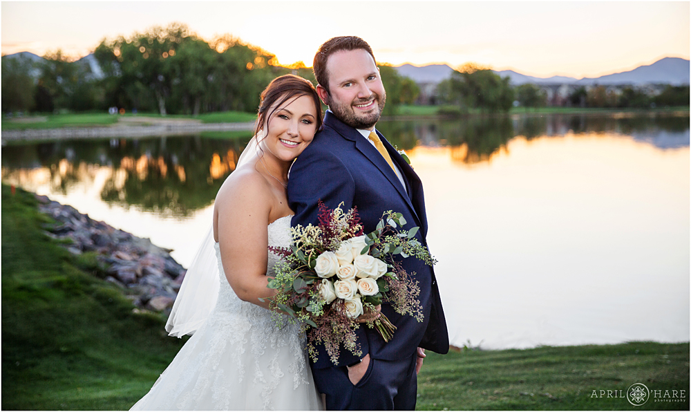 Beautiful sunset portrait with bride and groom Colorado