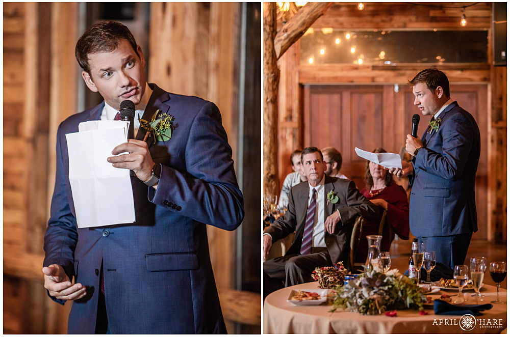 Weddings toasts inside a pretty rustic barn at Wedgewood Weddings Mountain View Ranch in Colorado