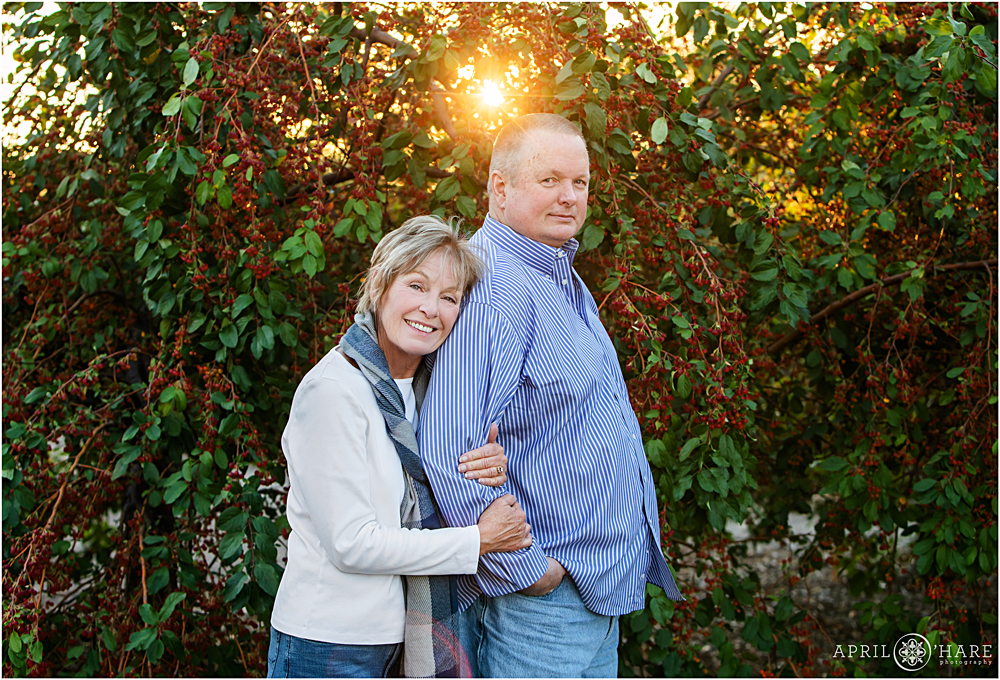Beautiful sunshine peeks through a hawthorne tree at a family photo session at McCabe Meadows