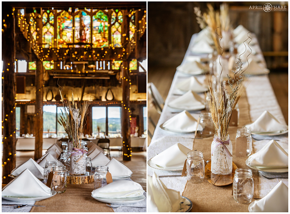 Beautiful Stained Glass Window Barn Wedding Tables Set up for fall wedding in Colorado