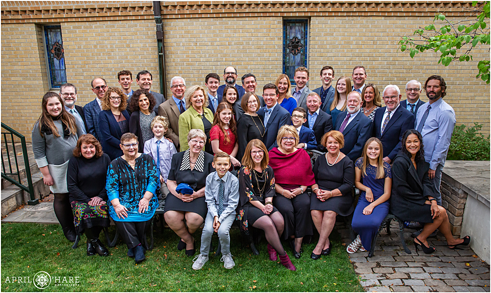 38 person extended family portrait at a Bat Mitzvah in Denver CO