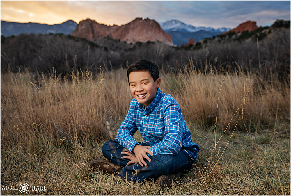 A son's portrait during family photos at Garden of the Gods