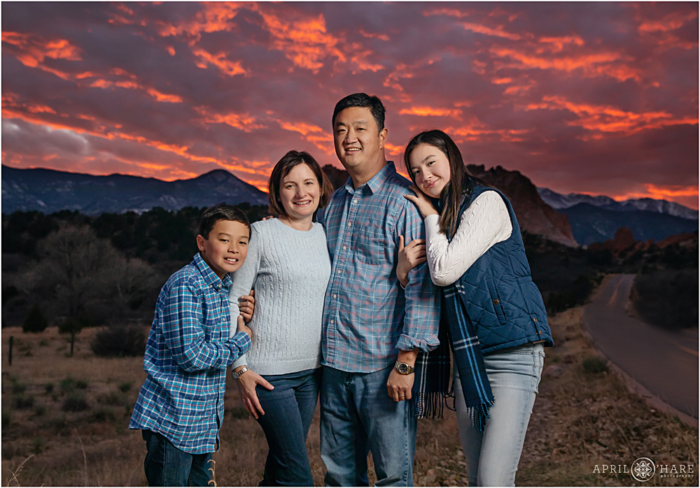 Fall family photos with pretty sunset at Garden of the Gods in Colorado Springs