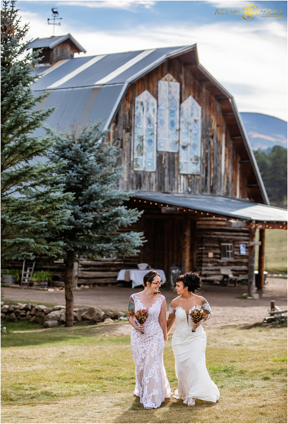 Gorgeous same sex wedding ceremony at The Barn at Evergreen Memorial Park in Colorado