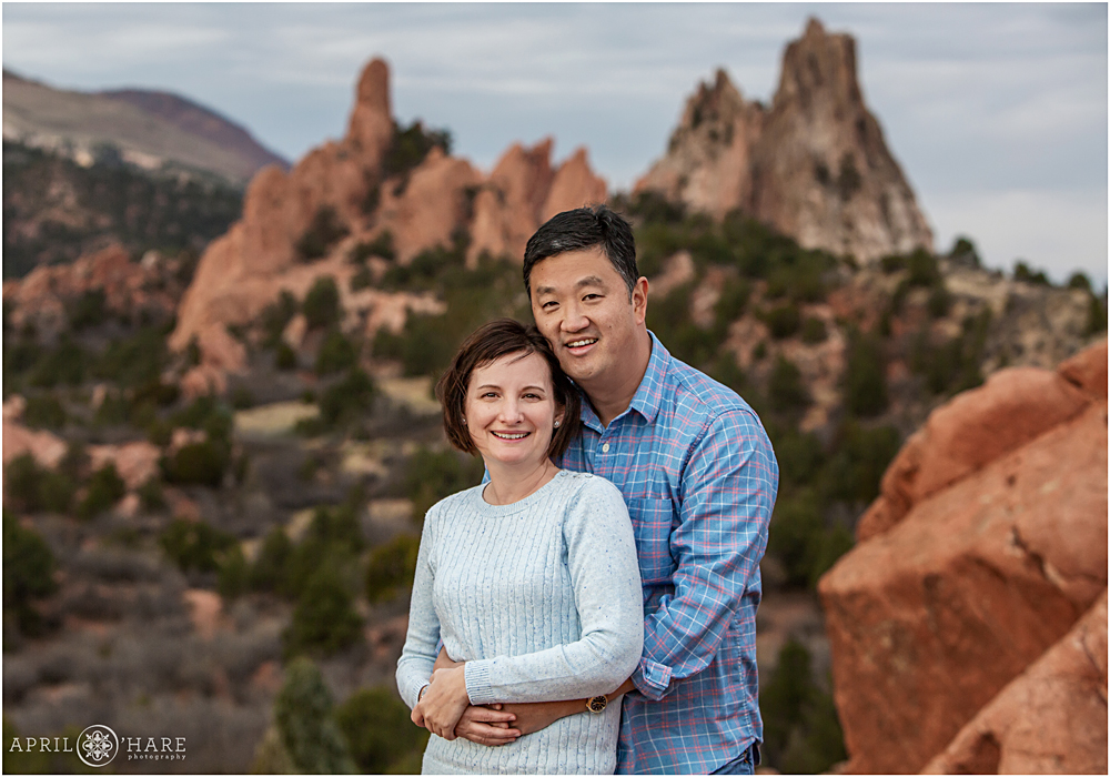 Couple photo with cathedral spires backdrop at Garden of the Gods in Colorado Springs