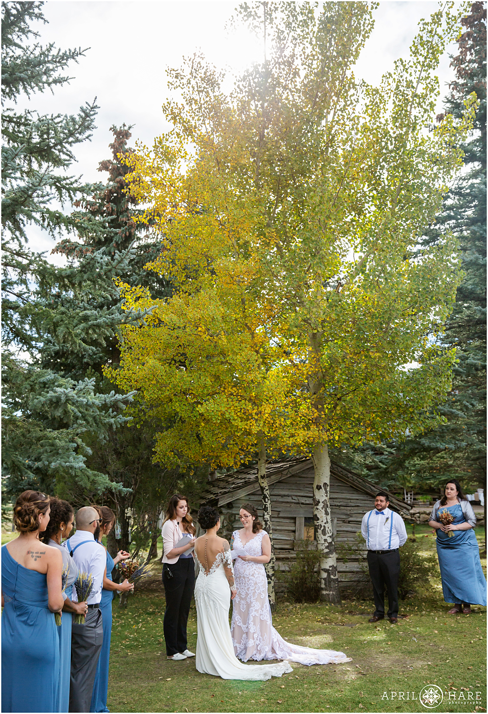 Beautiful fall color wedding photo at The Barn at Evergreen Memorial Park