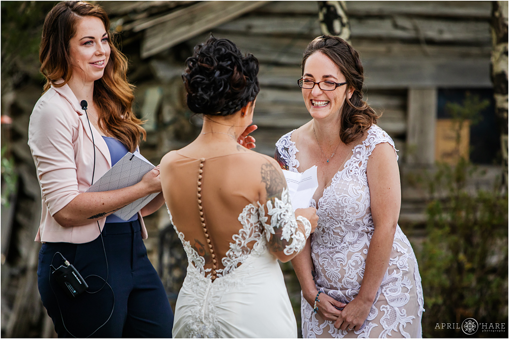 Sweet moment at an outdoor lesbian wedding in Colorado
