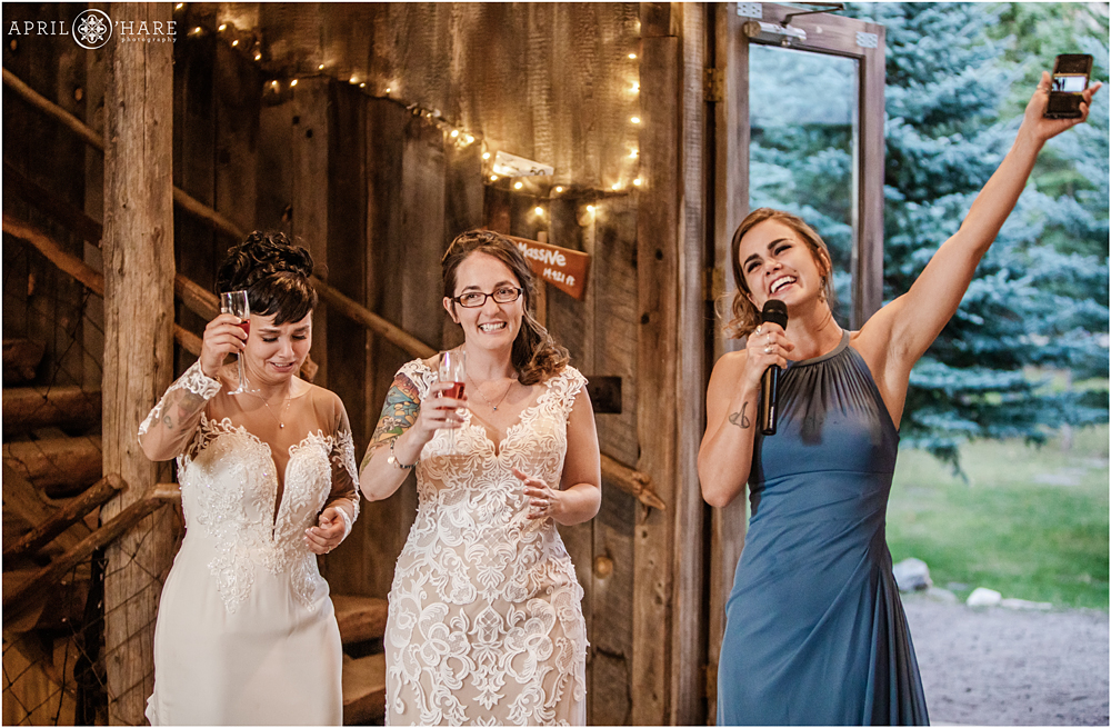 Wedding toasts at the Barn at Evergreen Memorial Park in Colorado