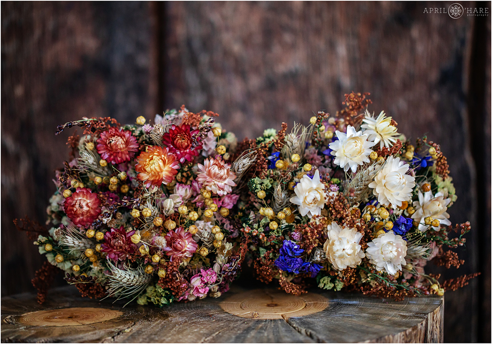 Two bouquets of dried flowers for a lesbian wedding in Colorado